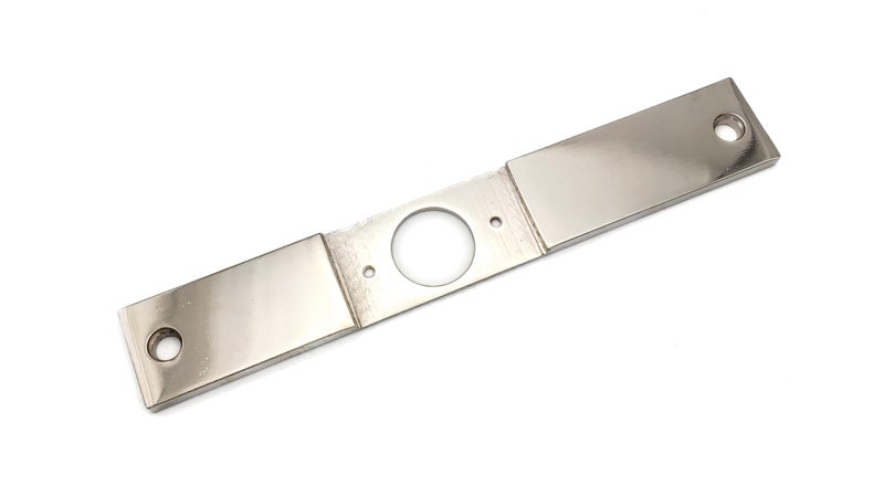 TUFF STRIKE Mortise Cut-Out Conversion Plate 8" x 1-1/4" | Mortise 86 Prep to Cylindrical 161 Prep | TUFF STRIKE | Polished Chrome - Image 1
